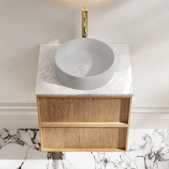 Bora Natural Oak Wall Hung Vanity Drawer with Carrara Marble Top 600mm - Basin Not Included