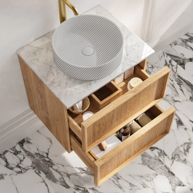 Bora Natural Oak Wall Hung Vanity Drawer with Carrara Marble Top 600mm - Basin Not Included