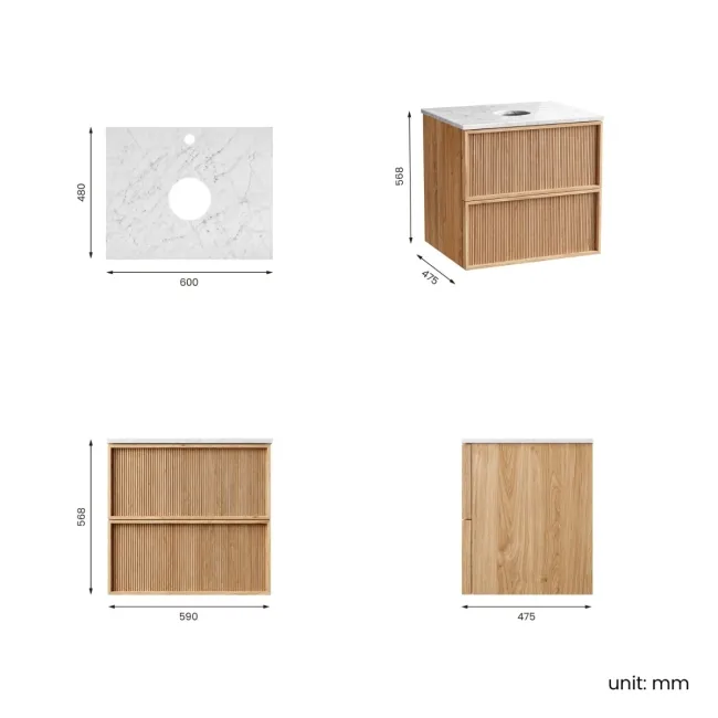 Bora Natural Oak Wall Hung Vanity Drawer with Carrara Marble Top 600mm - Basin Not Included
