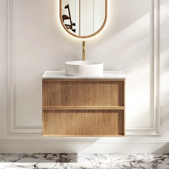 Bora Natural Oak Wall Hung Vanity Drawer with Carrara Marble Top 800mm - Basin Not Included