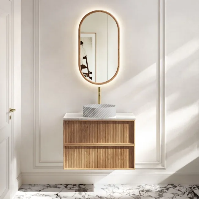 Bora Natural Oak Wall Hung Vanity Drawer with Carrara Marble Top 800mm - Basin Not Included