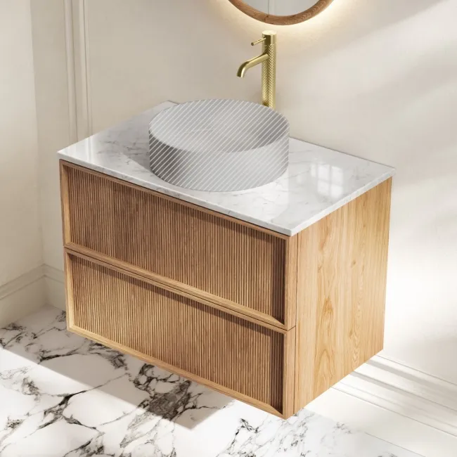 Bora Natural Oak Wall Hung Vanity Drawer with Carrara Marble Top 800mm - Basin Not Included