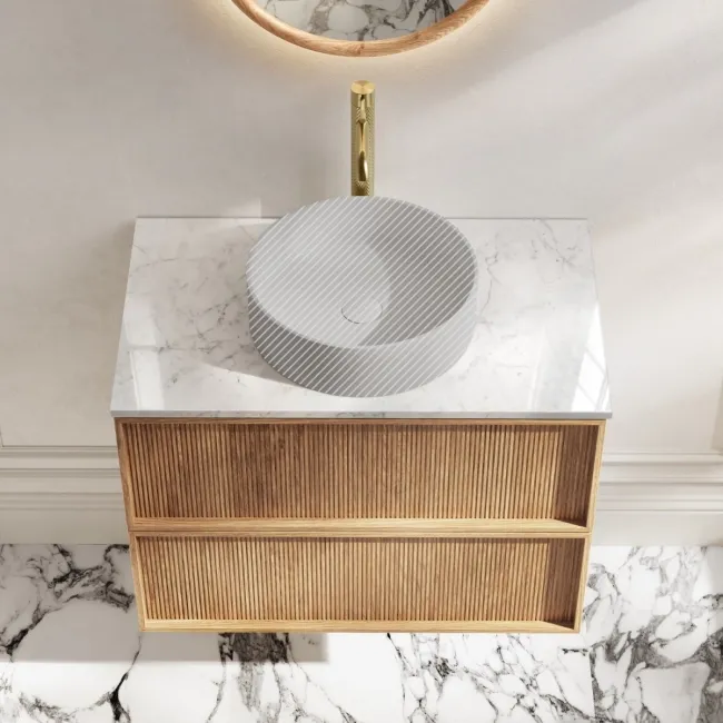 Bora Natural Oak Wall Hung Vanity Drawer with Carrara Marble Top 800mm - Basin Not Included
