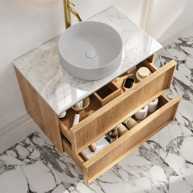 Bora Natural Oak Wall Hung Vanity Drawer with Carrara Marble Top 800mm - Basin Not Included