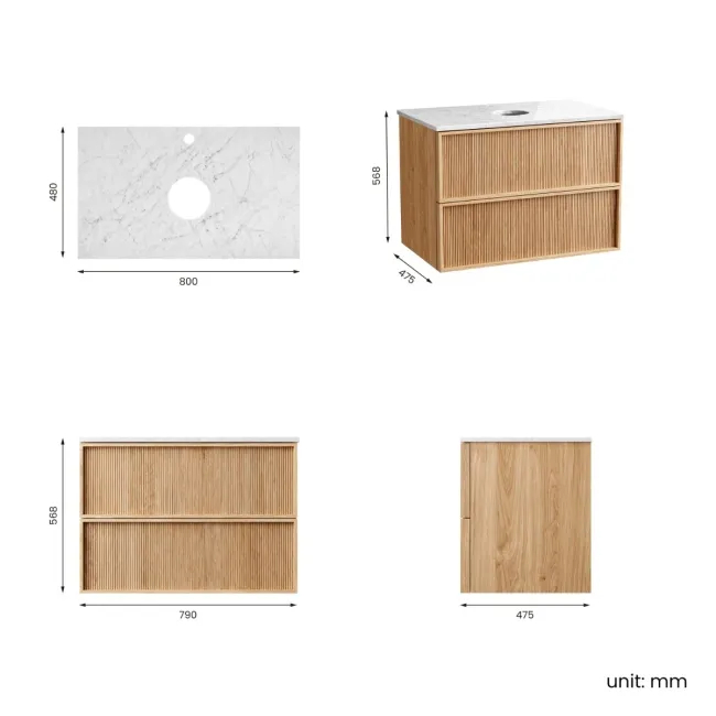 Bora Natural Oak Wall Hung Vanity Drawer with Carrara Marble Top 800mm - Basin Not Included