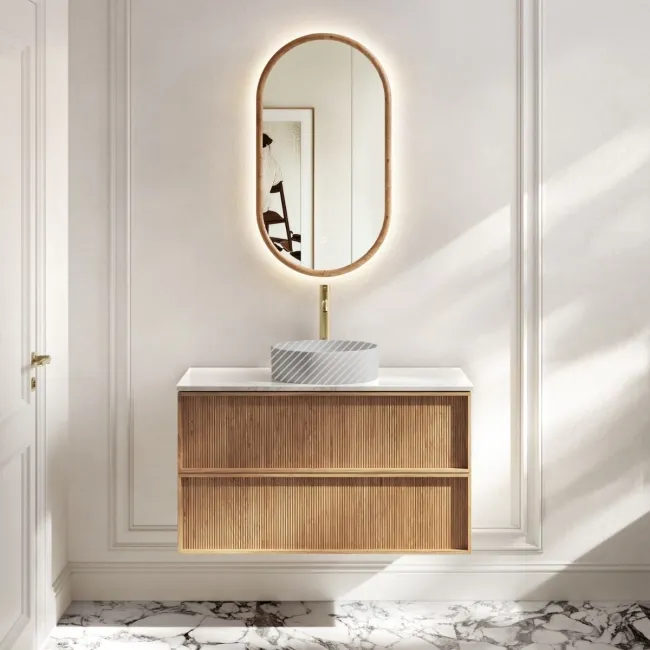 Bora Natural Oak Wall Hung Vanity Drawer with Carrara Marble Top 1000mm - Basin Not Included