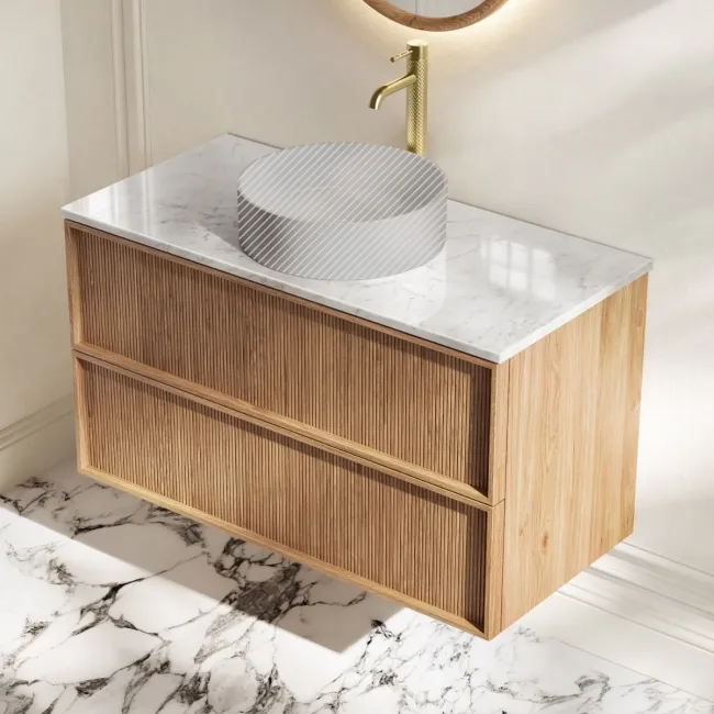 Bora Natural Oak Wall Hung Vanity Drawer with Carrara Marble Top 1000mm - Basin Not Included