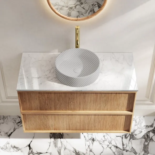 Bora Natural Oak Wall Hung Vanity Drawer with Carrara Marble Top 1000mm - Basin Not Included