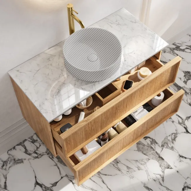 Bora Natural Oak Wall Hung Vanity Drawer with Carrara Marble Top 1000mm - Basin Not Included