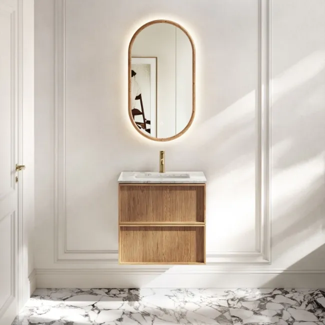 Bora Natural Oak Carrara Marble Wall Hung Vanity Drawer & Undermount Basin 600mm
