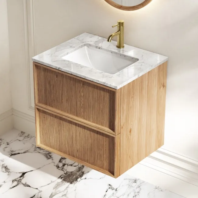 Bora Natural Oak Carrara Marble Wall Hung Vanity Drawer & Undermount Basin 600mm