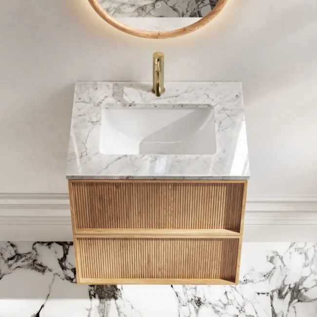 Bora Natural Oak Carrara Marble Wall Hung Vanity Drawer & Undermount Basin 600mm
