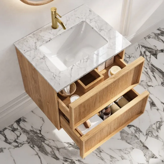 Bora Natural Oak Carrara Marble Wall Hung Vanity Drawer & Undermount Basin 600mm