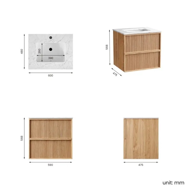Bora Natural Oak Carrara Marble Wall Hung Vanity Drawer & Undermount Basin 600mm
