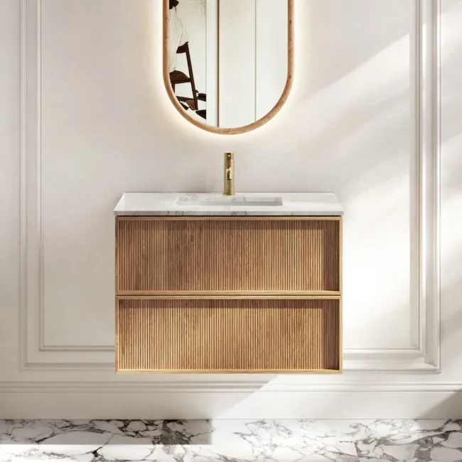 Bora Natural Oak Carrara Marble Wall Hung Vanity Drawer & Undermount Basin 800mm