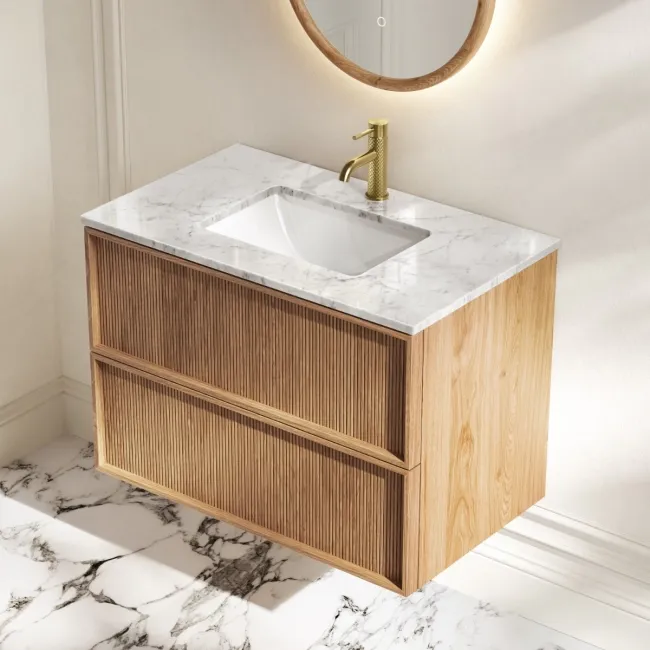 Bora Natural Oak Carrara Marble Wall Hung Vanity Drawer & Undermount Basin 800mm