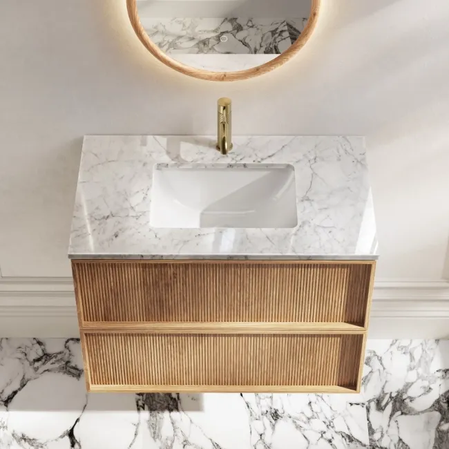 Bora Natural Oak Carrara Marble Wall Hung Vanity Drawer & Undermount Basin 800mm