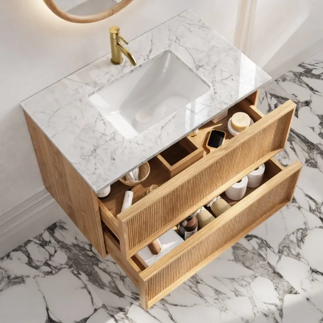 Bora Natural Oak Carrara Marble Wall Hung Vanity Drawer & Undermount Basin 800mm