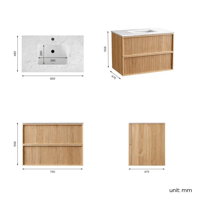 Bora Natural Oak Carrara Marble Wall Hung Vanity Drawer & Undermount Basin 800mm