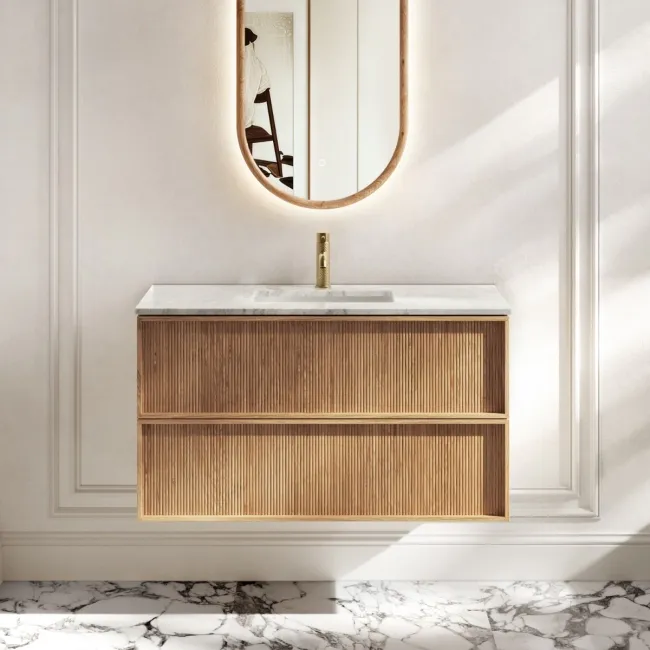 Bora Natural Oak Carrara Marble Wall Hung Vanity Drawer & Undermount Basin 1000mm