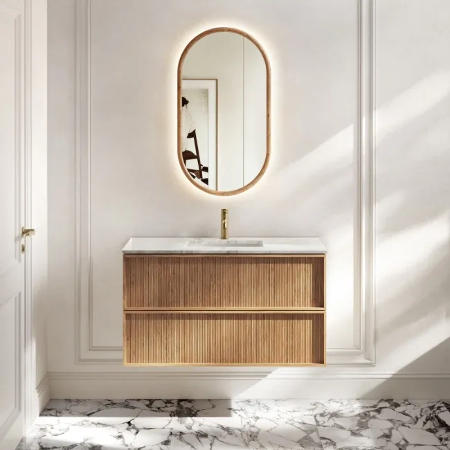 Bora Natural Oak Carrara Marble Wall Hung Vanity Drawer & Undermount Basin 1000mm