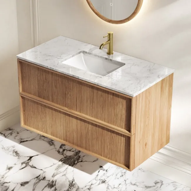 Bora Natural Oak Carrara Marble Wall Hung Vanity Drawer & Undermount Basin 1000mm