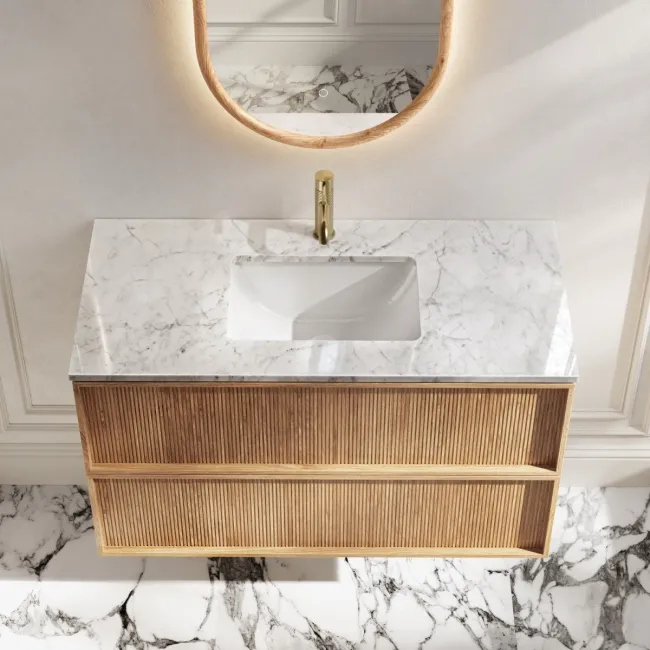 Bora Natural Oak Carrara Marble Wall Hung Vanity Drawer & Undermount Basin 1000mm