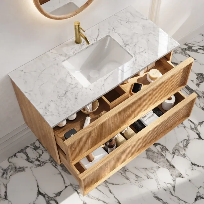 Bora Natural Oak Carrara Marble Wall Hung Vanity Drawer & Undermount Basin 1000mm