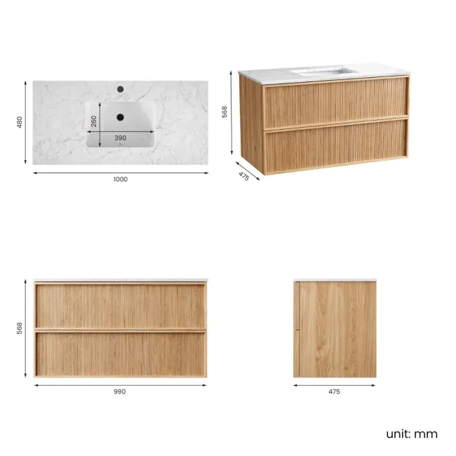 Bora Natural Oak Carrara Marble Wall Hung Vanity Drawer & Undermount Basin 1000mm
