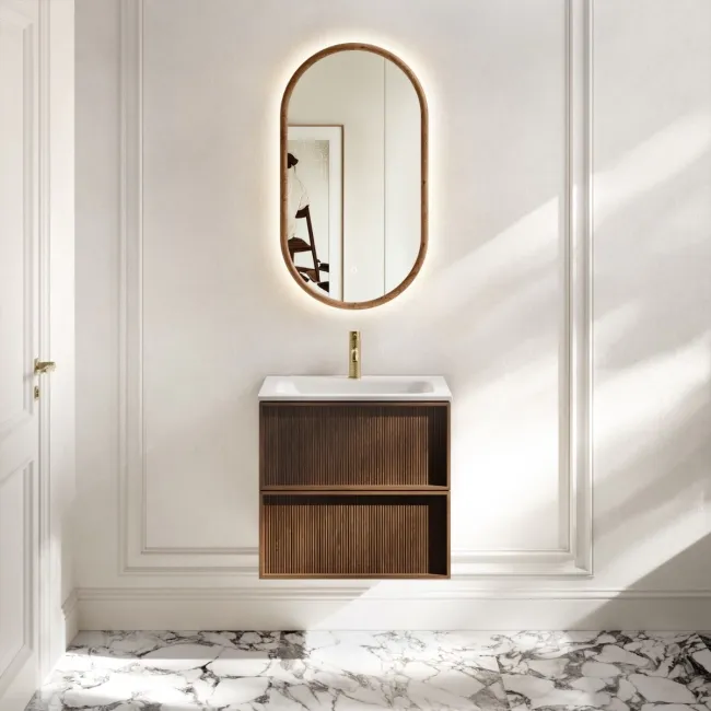 Bora Natural Walnut Wall Hung Basin Drawer Vanity 600mm