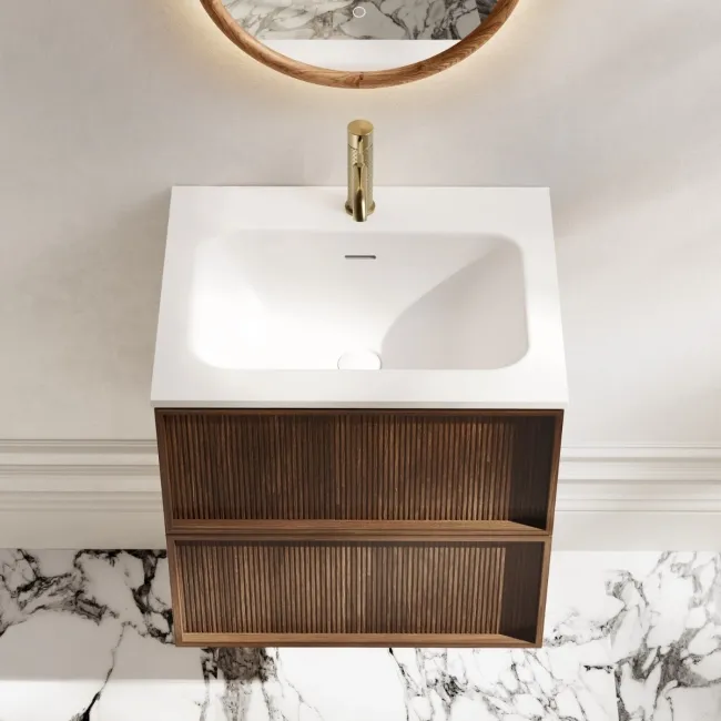 Bora Natural Walnut Wall Hung Basin Drawer Vanity 600mm