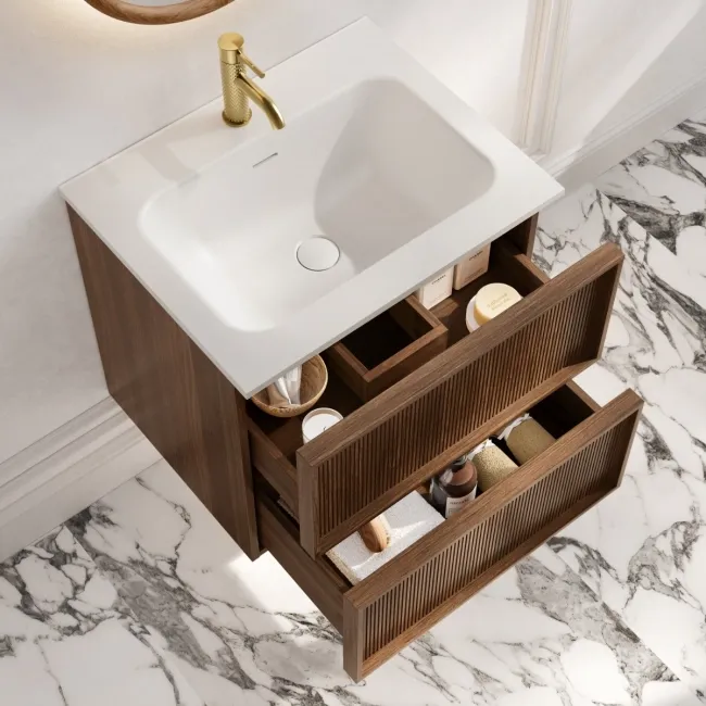 Bora Natural Walnut Wall Hung Basin Drawer Vanity 600mm
