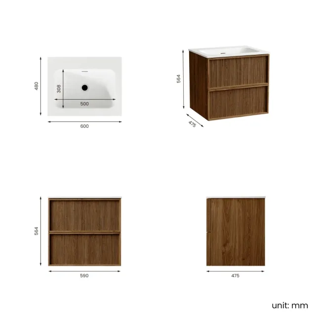 Bora Natural Walnut Wall Hung Basin Drawer Vanity 600mm
