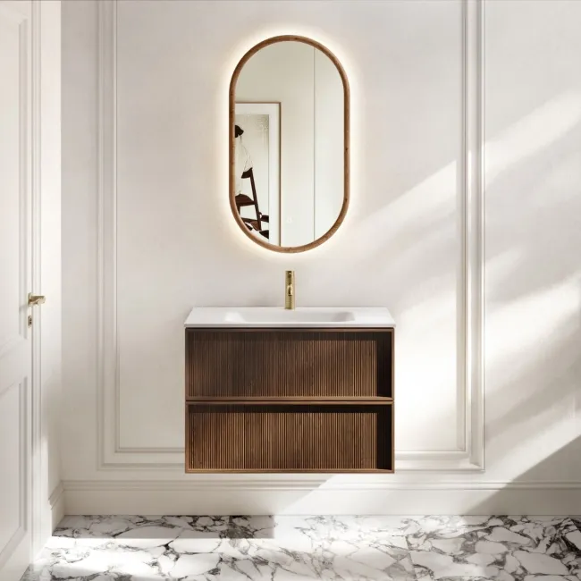 Bora Natural Walnut Wall Hung Basin Drawer Vanity 800mm