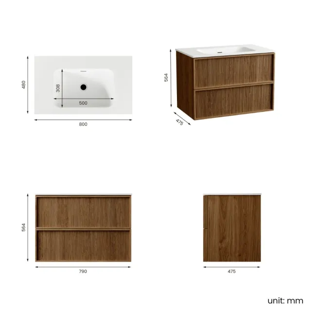 Bora Natural Walnut Wall Hung Basin Drawer Vanity 800mm
