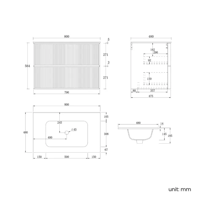 Bora Natural Walnut Wall Hung Basin Drawer Vanity 800mm