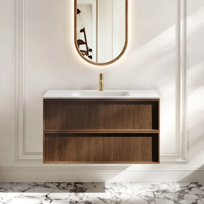 Bora Natural Walnut Wall Hung Basin Drawer Vanity 1000mm