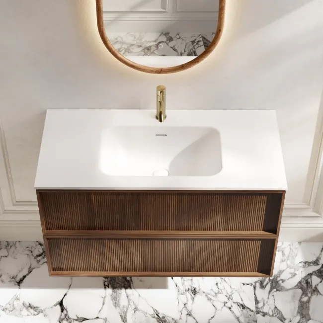 Bora Natural Walnut Wall Hung Basin Drawer Vanity 1000mm