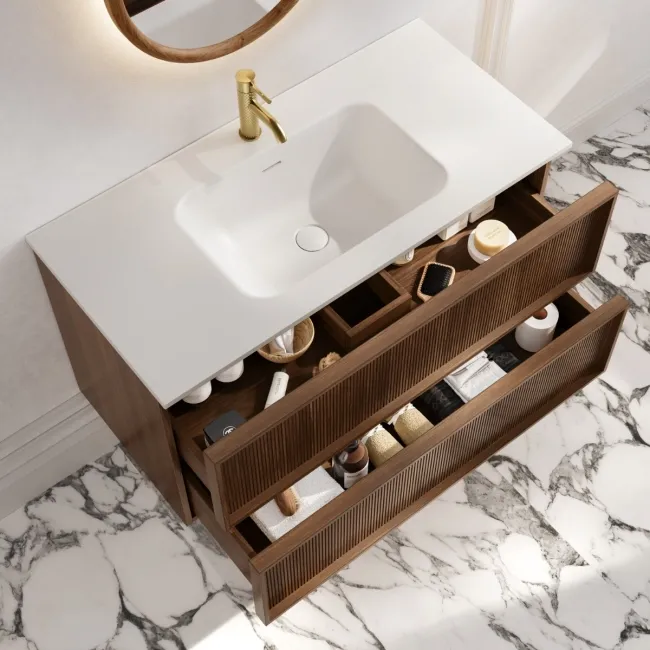 Bora Natural Walnut Wall Hung Basin Drawer Vanity 1000mm