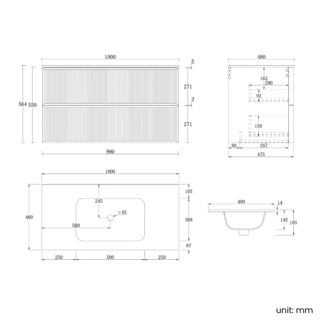 Bora Natural Walnut Wall Hung Basin Drawer Vanity 1000mm