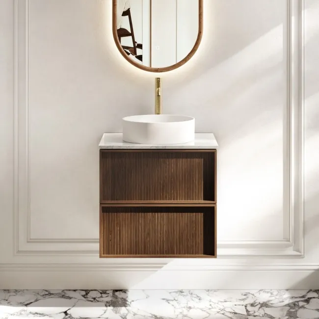Bora Natural Walnut Wall Hung Vanity Drawer with Carrara Marble Top 600mm - Basin Not Included