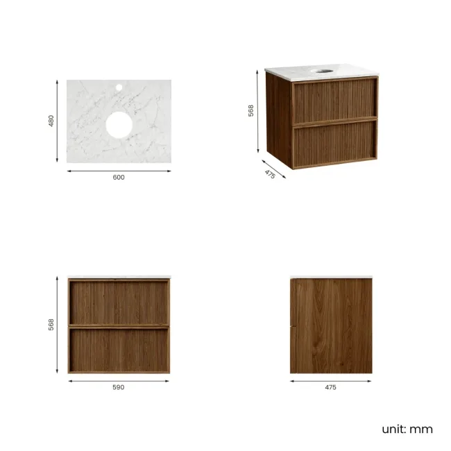 Bora Natural Walnut Wall Hung Vanity Drawer with Carrara Marble Top 600mm - Basin Not Included