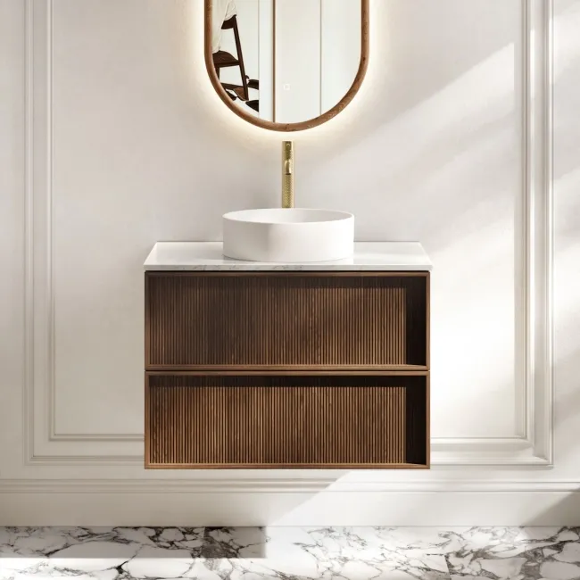 Bora Natural Walnut Wall Hung Vanity Drawer with Carrara Marble Top 800mm - Basin Not Included