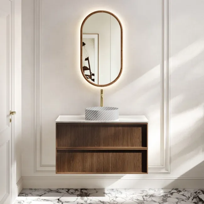 Bora Natural Walnut Wall Hung Vanity Drawer with Carrara Marble Top 1000mm - Basin Not Included