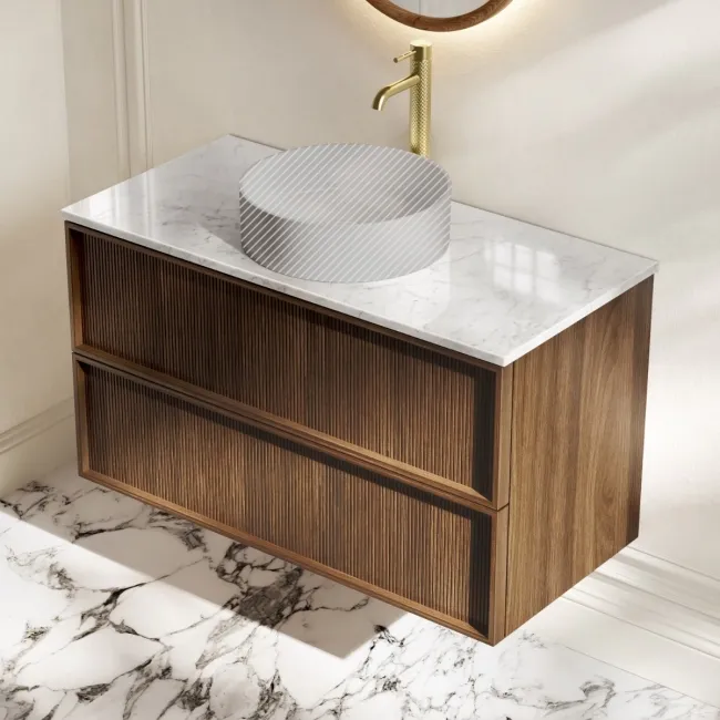 Bora Natural Walnut Wall Hung Vanity Drawer with Carrara Marble Top 1000mm - Basin Not Included