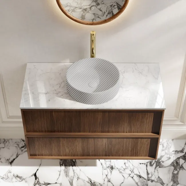 Bora Natural Walnut Wall Hung Vanity Drawer with Carrara Marble Top 1000mm - Basin Not Included