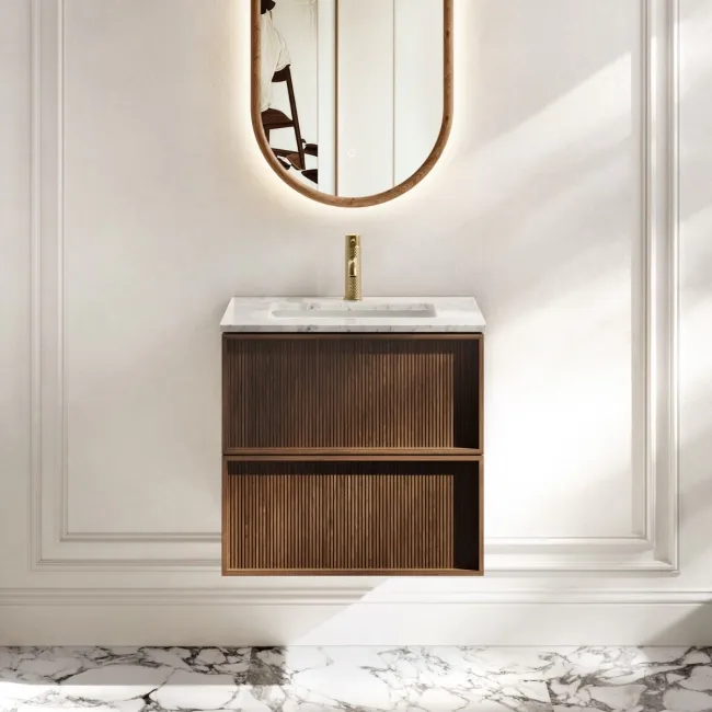 Bora Natural Walnut Carrara Marble Wall Hung Vanity Drawer & Undermount Basin 600mm
