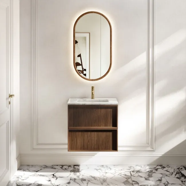Bora Natural Walnut Carrara Marble Wall Hung Vanity Drawer & Undermount Basin 600mm