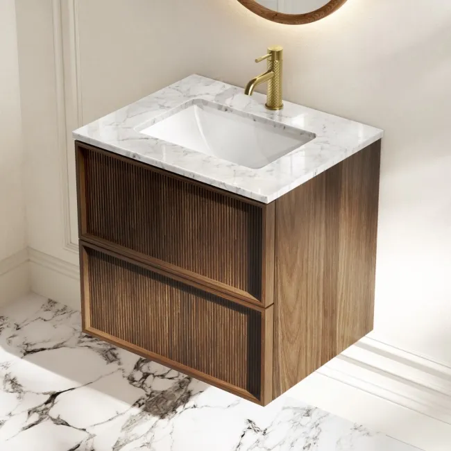 Bora Natural Walnut Carrara Marble Wall Hung Vanity Drawer & Undermount Basin 600mm