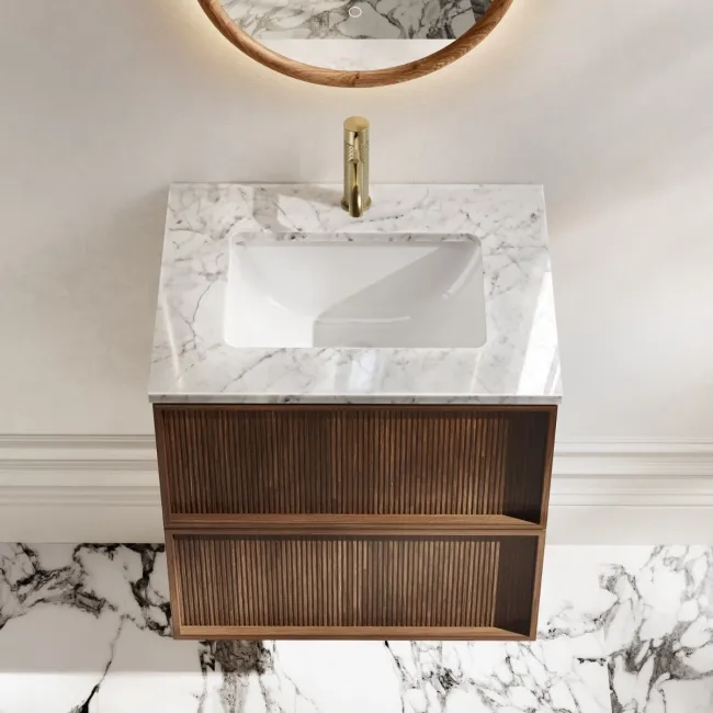 Bora Natural Walnut Carrara Marble Wall Hung Vanity Drawer & Undermount Basin 600mm